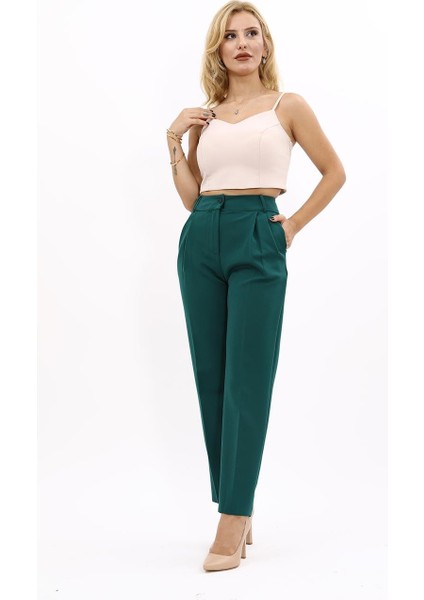 Kemerli Köprülü Dar Paça Pantolon-Zümrüt