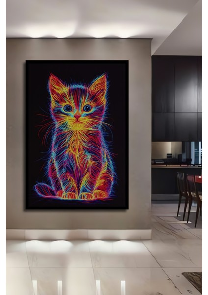 Çerçeve Görünümlü Neon Kedi Dekoratif Ahşap Mdf Işyeri Duvar Tablo Dikdörtgen Işyeri Duvar Tablo