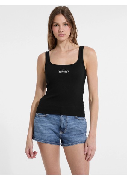Kadın Siyah Nakış Logolu Ribana Crop Atlet W5YP35KA0H1-JBLK
