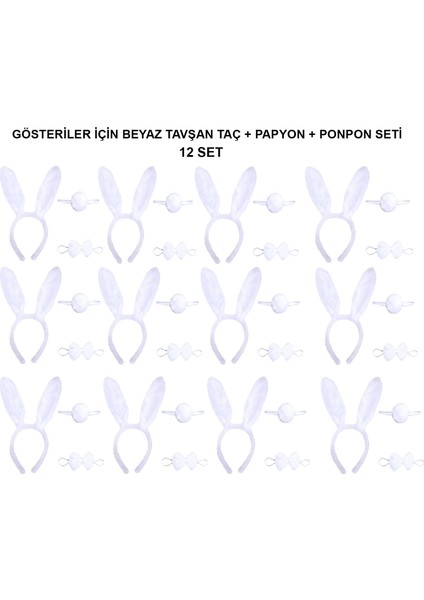 Beyaz Tavşan Kostüm Seti – Taç, Papyon, Kuyruk (12’li Paket)