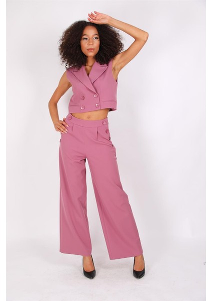 Crop Yelek & Düğmeli Bol Paça Pantolon Takım-Rose fiyatları
