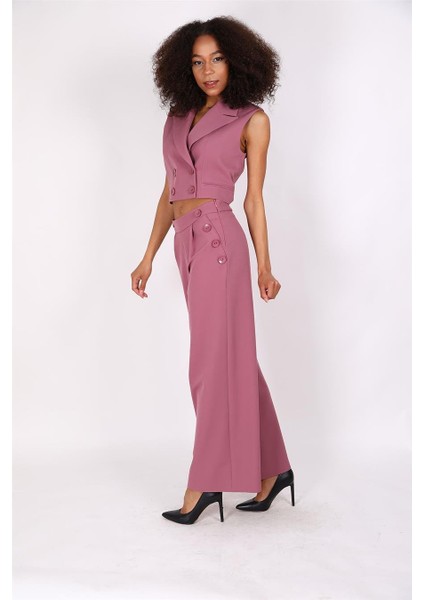 Crop Yelek & Düğmeli Bol Paça Pantolon Takım-Rose modelleri