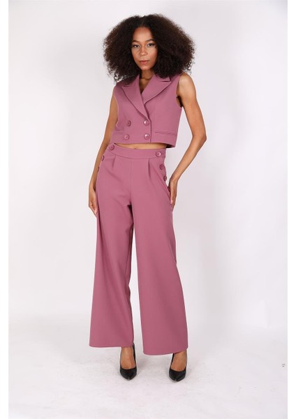 Crop Yelek & Düğmeli Bol Paça Pantolon Takım-Rose fırsatları