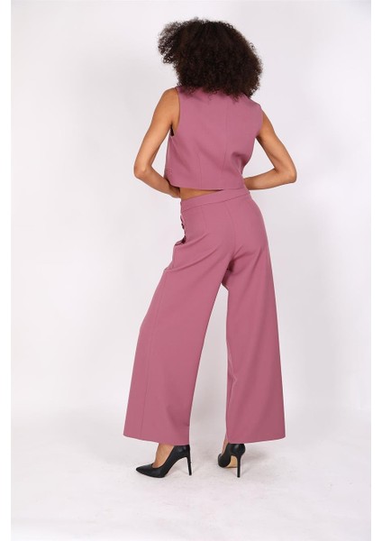 Crop Yelek & Düğmeli Bol Paça Pantolon Takım-Rose indirimleri