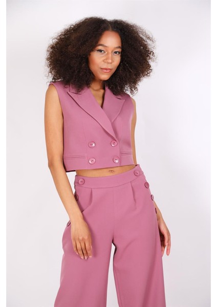 Crop Yelek & Düğmeli Bol Paça Pantolon Takım-Rose