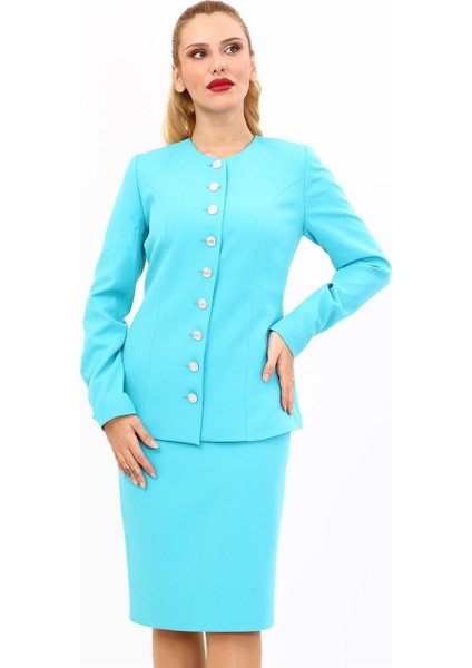 Sıfır Yaka Boydan Düğmeli Ceket-Turkuaz