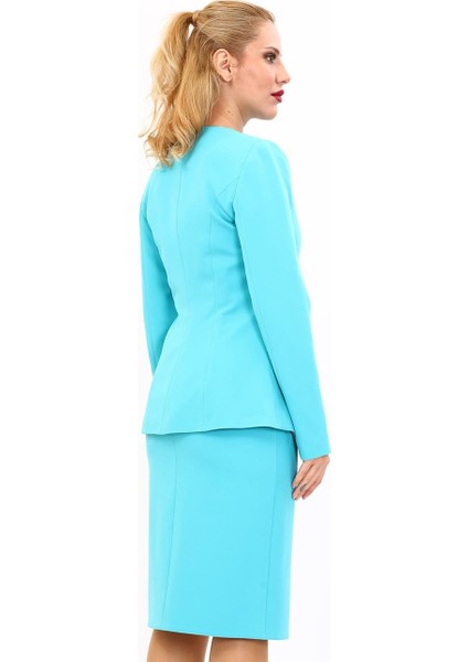 Sıfır Yaka Boydan Düğmeli Ceket-Turkuaz modelleri