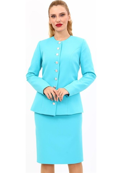 Sıfır Yaka Boydan Düğmeli Ceket-Turkuaz indirimleri