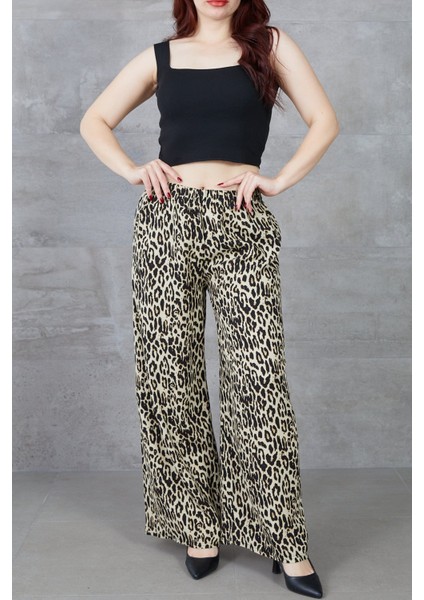 Kadın Leopar Desenli Rahat Kalıp Bol Paça Salaş Pantolon