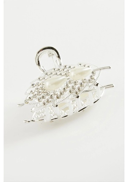 Yaprak Inci Taşlı Metal Mandal Toka 4,5 cm