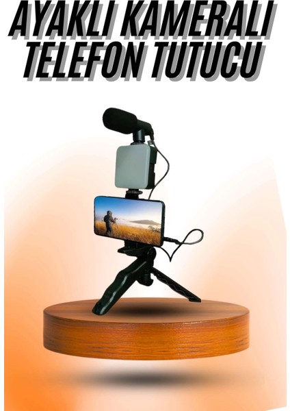 Telefon Tutucu Mini Mikrofonlu Tripod Vlog Çekim Video