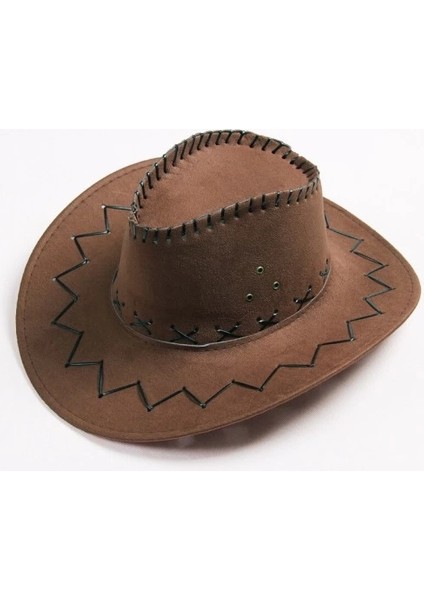 Bağcıklı Yetişkin Boy Süet Kovboy Şapkası Koyu Kahve Renk
