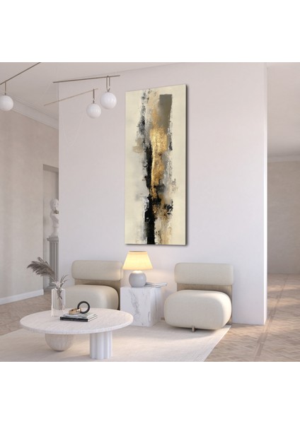 Panoramik Altın ve Siyah Soyut Doku Kanvas Tablo – Modern Lüks Tarz Dikey Duvar Dekoru