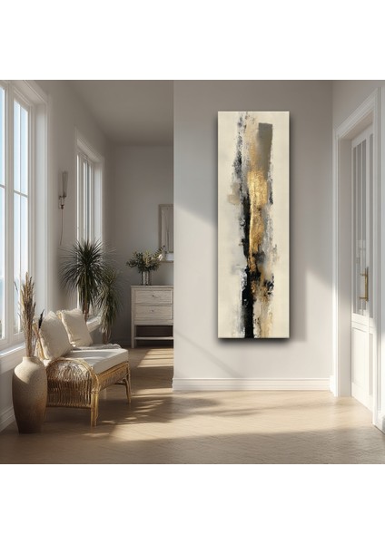 Panoramik Altın ve Siyah Soyut Doku Kanvas Tablo – Modern Lüks Tarz Dikey Duvar Dekoru