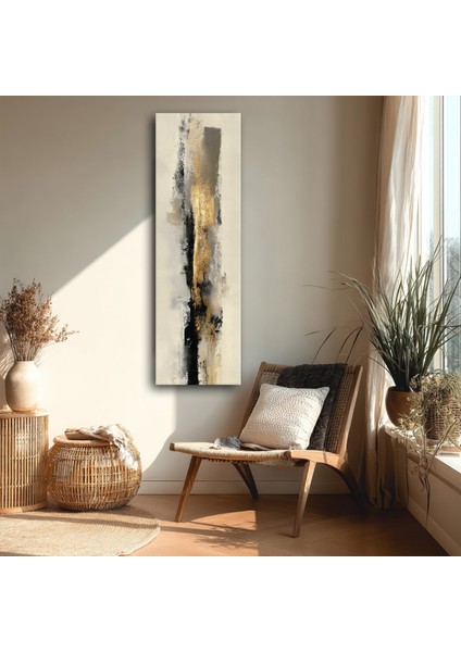 Panoramik Altın ve Siyah Soyut Doku Kanvas Tablo – Modern Lüks Tarz Dikey Duvar Dekoru