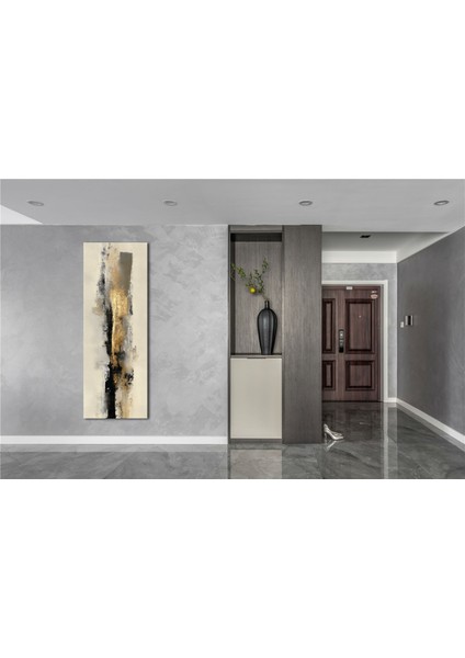 Panoramik Altın ve Siyah Soyut Doku Kanvas Tablo – Modern Lüks Tarz Dikey Duvar Dekoru