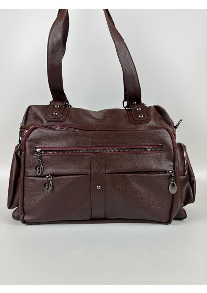 Kadın Suni Deri Bordo Çok Bölmeli Büyük Maxi Boy Omuz Çantası