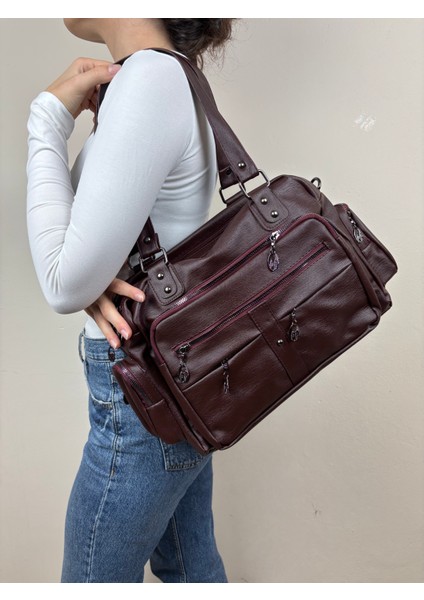 Kadın Suni Deri Bordo Çok Bölmeli Büyük Maxi Boy Omuz Çantası fiyatları