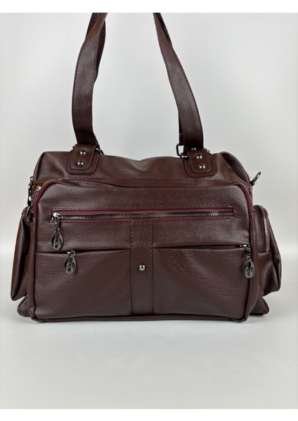 Kadın Suni Deri Bordo Çok Bölmeli Büyük Maxi Boy Omuz Çantası modelleri