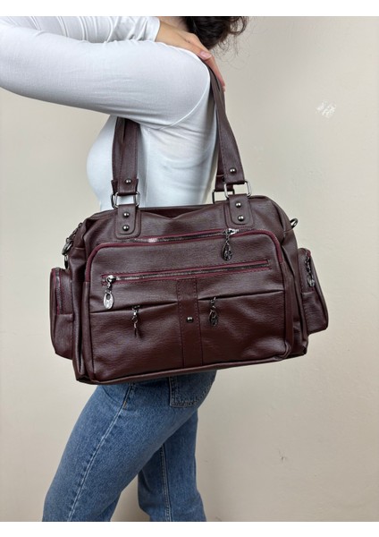 Kadın Suni Deri Bordo Çok Bölmeli Büyük Maxi Boy Omuz Çantası indirimleri