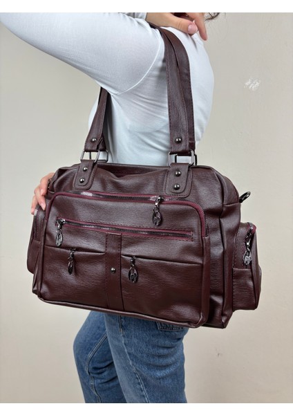 Kadın Suni Deri Bordo Çok Bölmeli Büyük Maxi Boy Omuz Çantası