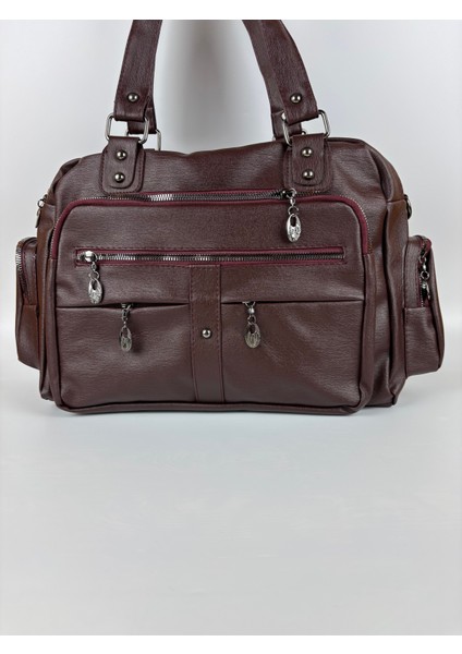 Kadın Suni Deri Bordo Çok Bölmeli Büyük Maxi Boy Omuz Çantası