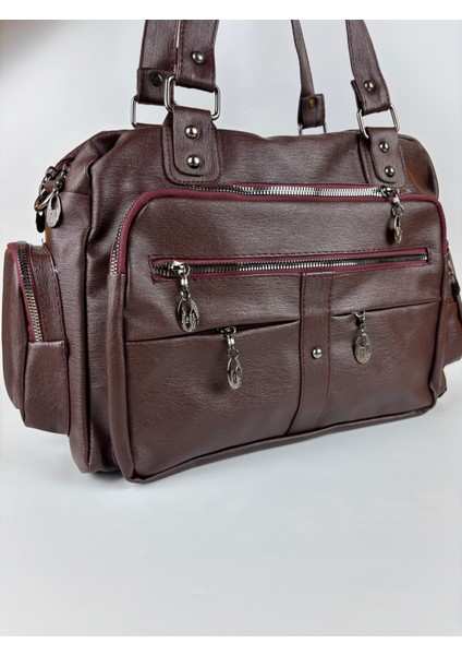 Kadın Suni Deri Bordo Çok Bölmeli Büyük Maxi Boy Omuz Çantası