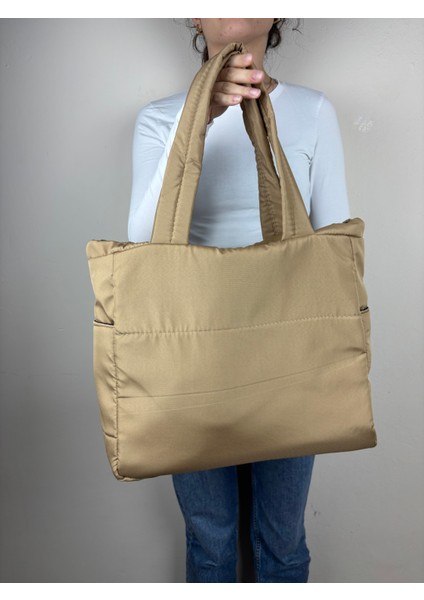 Kadınkumaş Taba Kapitone Dokulu Casual Maxi Boy Omuz Çantası