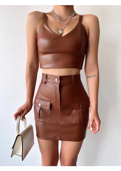 Önden Iki Cepli Deri Etek Kahve H240040 fiyatları