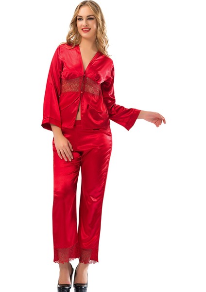 Techmrt Kırmızı Saten Pijama Takımı - 1601 - Beden Xl