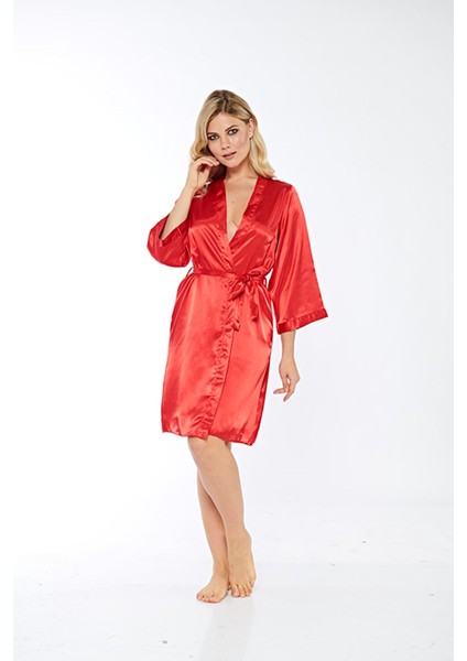 Techmrt Kırmızı Ipek Saten Sabahlık - 14001 - Beden M
