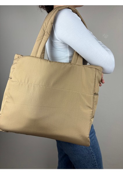 Kadınkumaş Taba Kapitone Dokulu Casual Maxi Boy Omuz Çantası