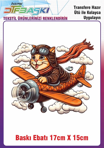 Uçaklı Kedi Ütü ile Yapışan Kumaş Tekstil Kıyafet Dtf Baskı