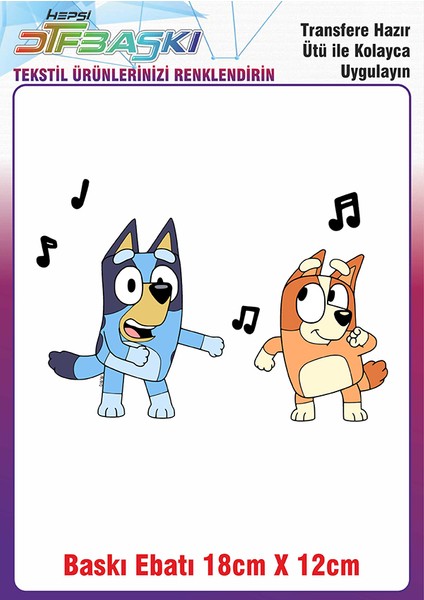 Bluey Temalı Ütü ile Yapışan Kumaş Tekstil Kıyafet Dtf Baskı
