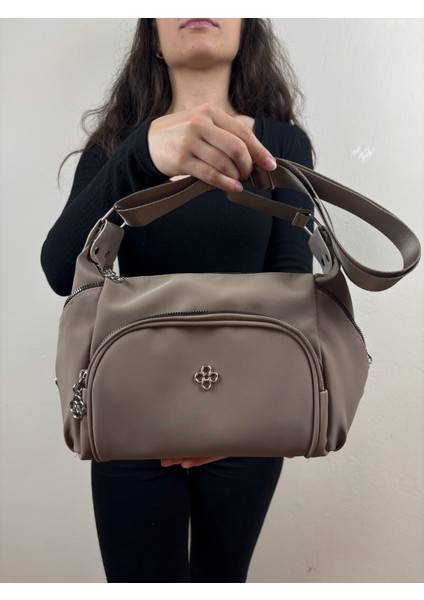 Kadın Suni Deri Bej Çok Gözlü Günlük Midi Boy Omuz Çantası