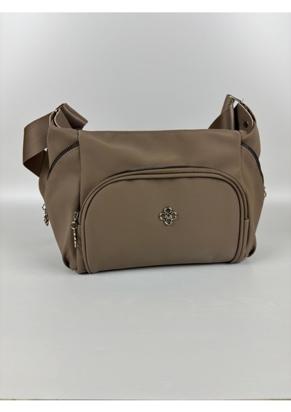 Kadın Suni Deri Bej Çok Gözlü Günlük Midi Boy Omuz Çantası