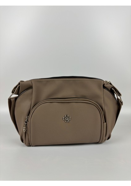 Kadın Suni Deri Bej Çok Gözlü Günlük Midi Boy Omuz Çantası