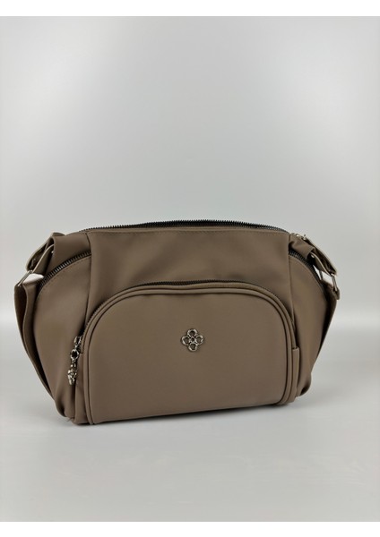 Kadın Suni Deri Bej Çok Gözlü Günlük Midi Boy Omuz Çantası