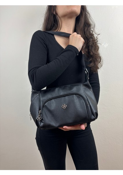 Kadın Suni Deri Siyah Çok Gözlü Günlük Midi Boy Omuz Çantası fiyatları