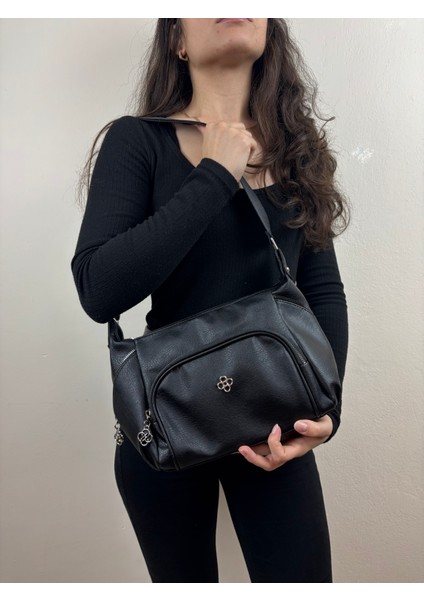 Kadın Suni Deri Siyah Çok Gözlü Günlük Midi Boy Omuz Çantası modelleri