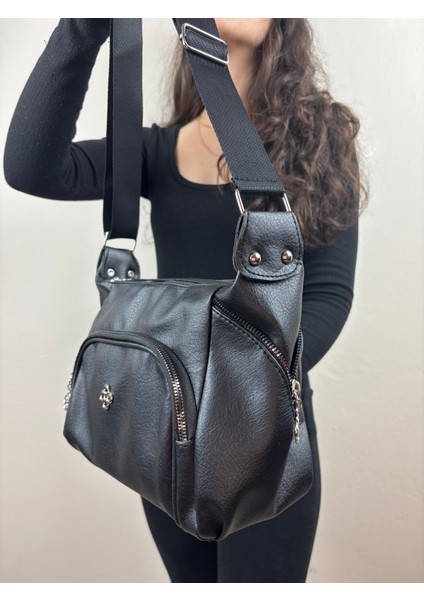 Kadın Suni Deri Siyah Çok Gözlü Günlük Midi Boy Omuz Çantası fırsatları