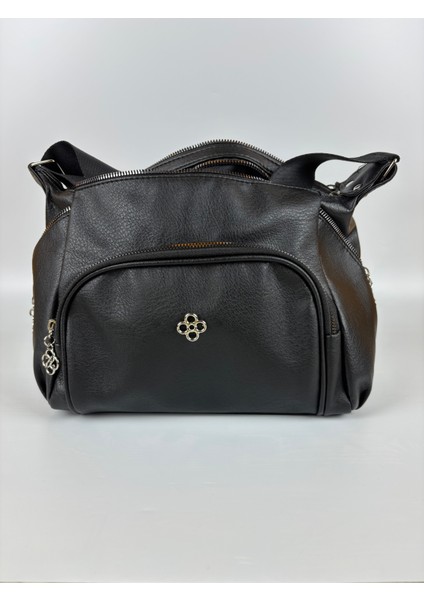 Kadın Suni Deri Siyah Çok Gözlü Günlük Midi Boy Omuz Çantası