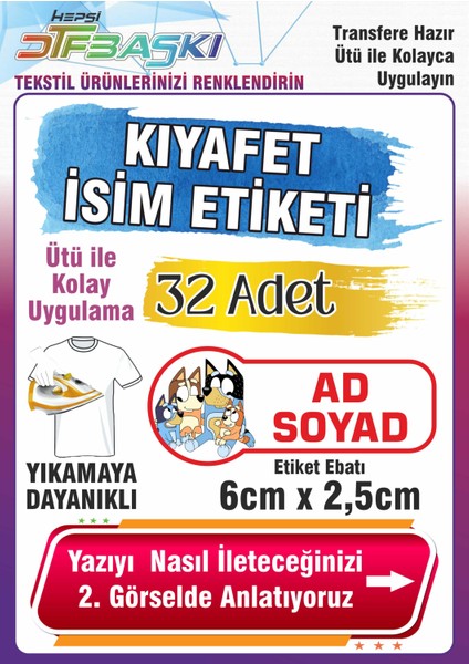 Bluey Temalı Okul Kıyafeti Etiketi Isme Özel