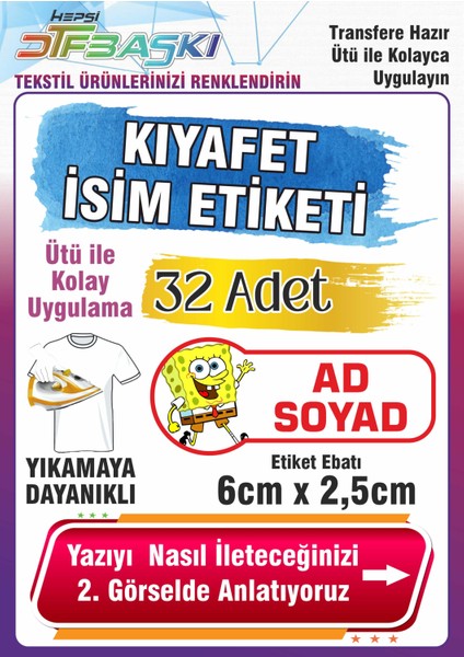 Süngerbob Temalı Okul Kıyafeti Etiketi Isme Özel