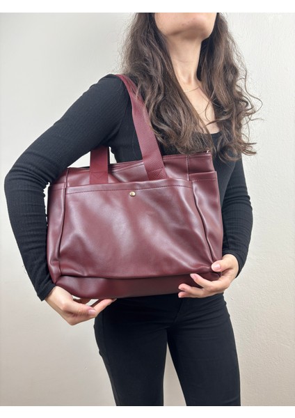 Kadın Suni Deri Bordo Geniş Hacimli Casual Maxi Boy Omuz Çantası