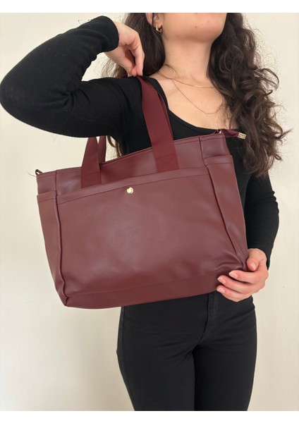 Kadın Suni Deri Bordo Geniş Hacimli Casual Maxi Boy Omuz Çantası