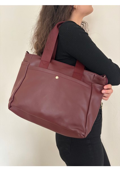 Kadın Suni Deri Bordo Geniş Hacimli Casual Maxi Boy Omuz Çantası