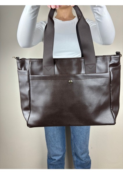 Kadın Suni Deri Kahve Geniş Hacimli Casual Maxi Boy Omuz Çantası