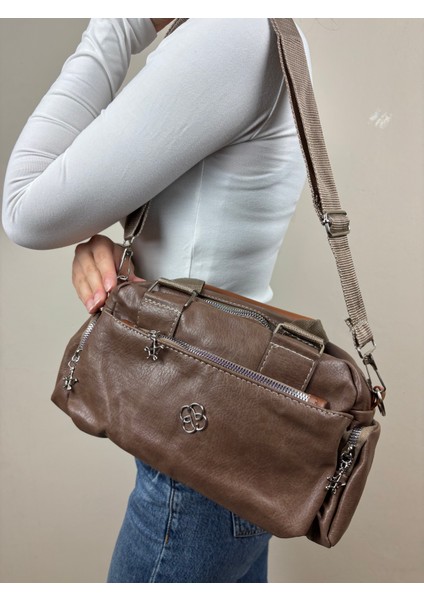 Kadın Suni Deri Kahve Çok Gözlü Casual Midi Boy Omuz Çantası