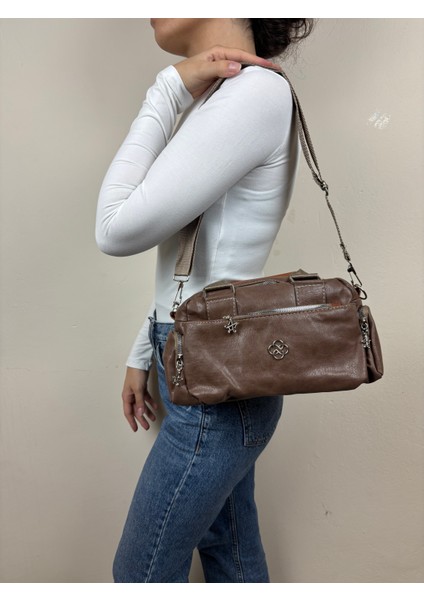 Kadın Suni Deri Kahve Çok Gözlü Casual Midi Boy Omuz Çantası indirimleri